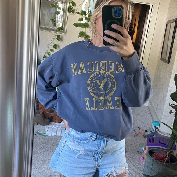 American Eagle Outfitters Oversized Blue Gray Fall Crewneck Sweater - Picture 3 of 13